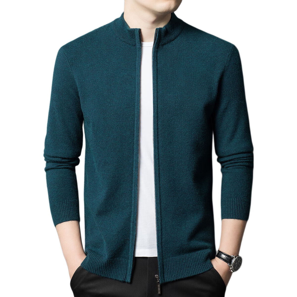 Hengyuanxiang Men's Wool Blend Zipper Cardigan Stand Collar Knit Sweater Casual Autumn Winter Haqing XL