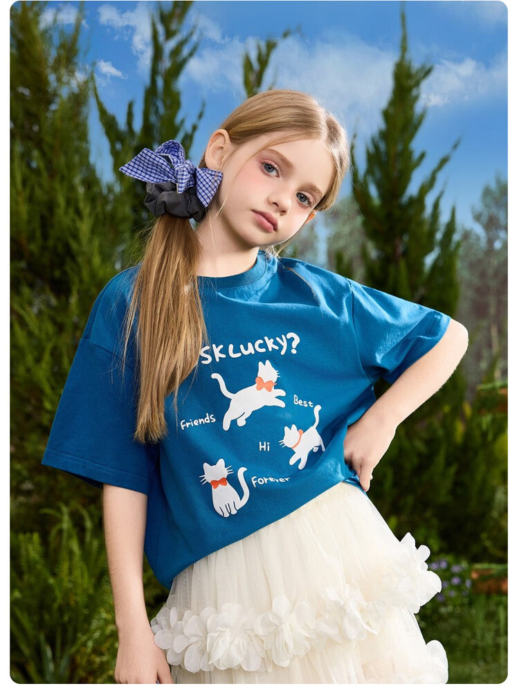ASK JUNIOR Kids Short Sleeve T-Shirt 2026 Summer Boys and Girls Round Neck Breathable Top Blue 140 13