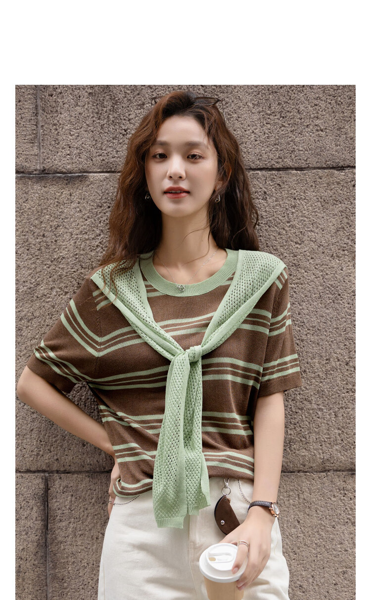 Demana Breathable Yarn Spring College Style Ribbon Striped Loose Slim Short Sleeve Women's Knit Sweater 14
