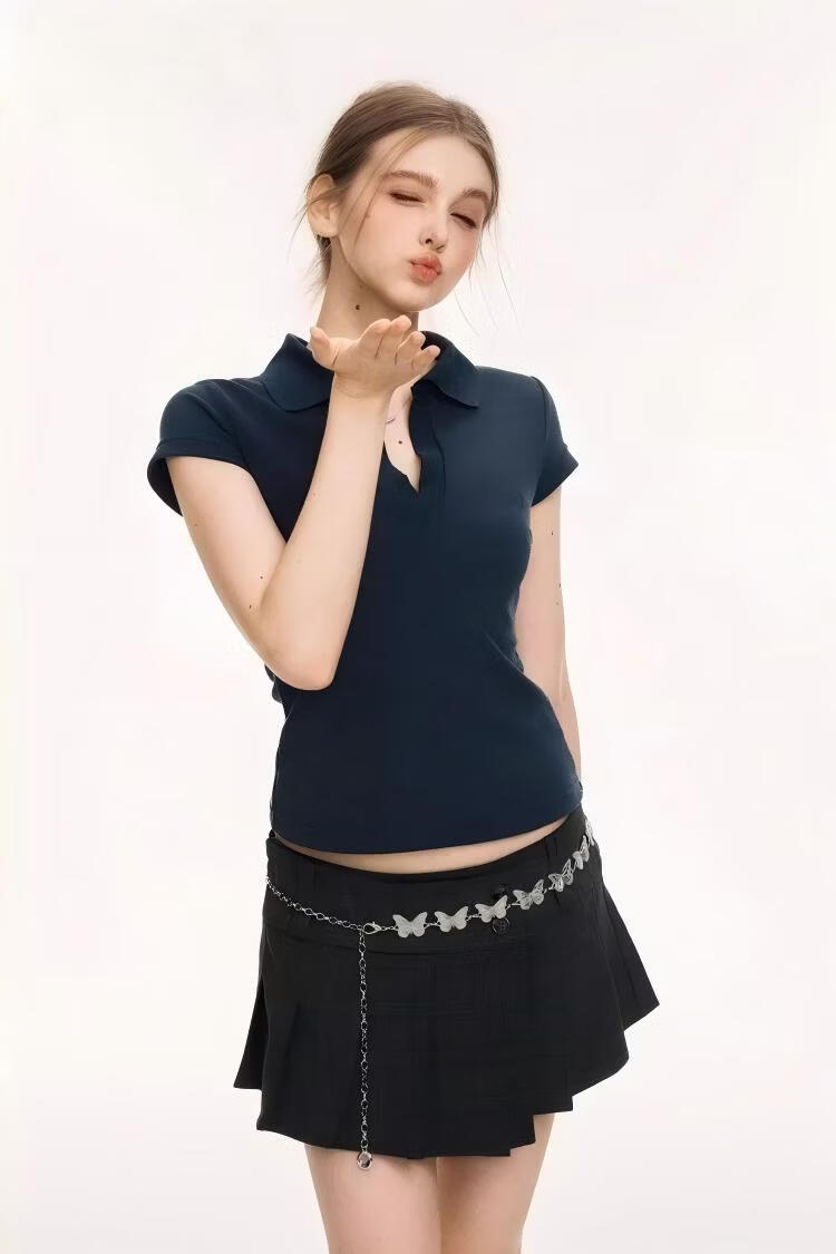 ICH MODE Vintage Polo Collar Short Sleeve T-Shirt Women 2026 Summer New Slim Fit Cropped Top White L 1