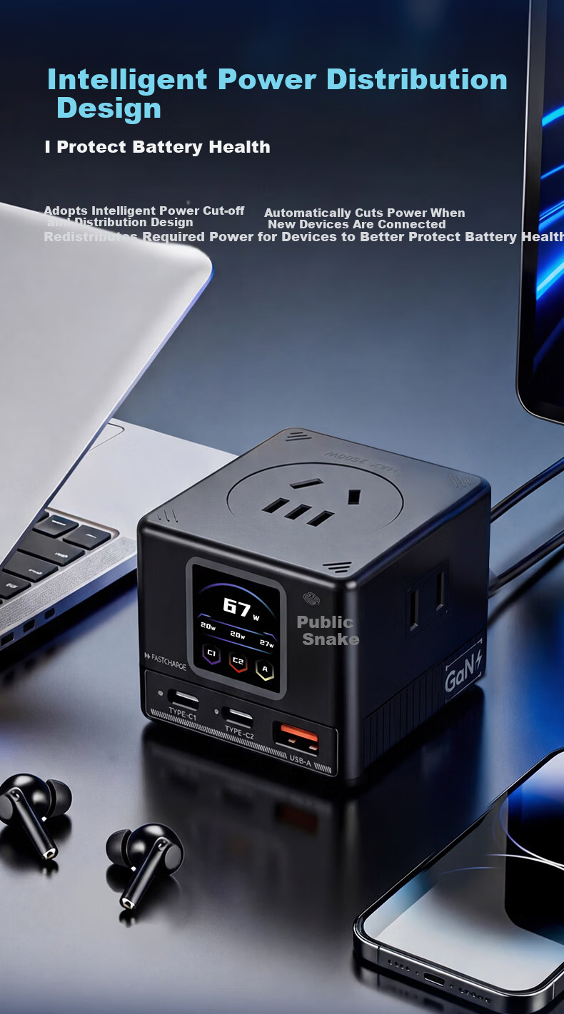 Gongshe Smart Digital Display GaN 67W Fast Charging Mini Socket / Type-C Desktop Charging Station / Gaming Power Strip / USB Power Strip Compatible with iPhone 17 2C1A+6 Outlets 2500W 9