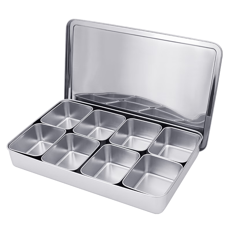Jinyaoshi Stainless Steel Condiment Container, Commercial Square 8-Compartment with Lid Set, Storage Box, Multi-Compartment Kitchen Seasoning Jar GK-WH800