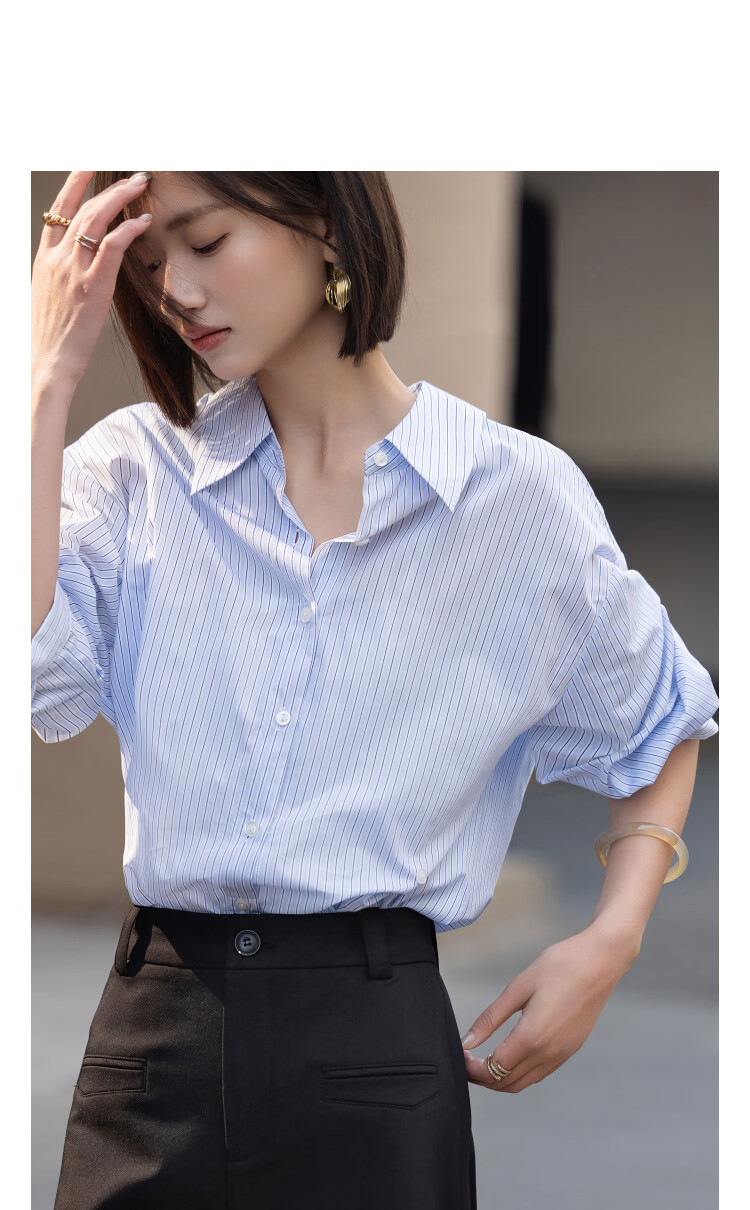 Demana Fresh Cloud Cotton Summer Urban Commuter Striped Short Sleeve Asymmetric Button Slim Fit Shirt for Women Premium Feel 11