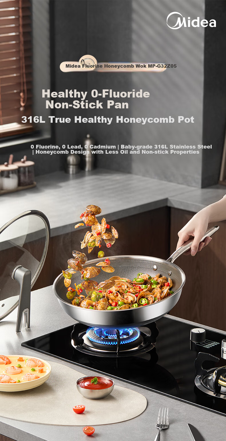 Midea Non-Stick Wok, Household Frying Pan, Flat Bottom Pan, 316L Stainless Steel Cooking Pot, Compatible with Induction Cooker And Gas Stove, Frying Egg Pa 2
