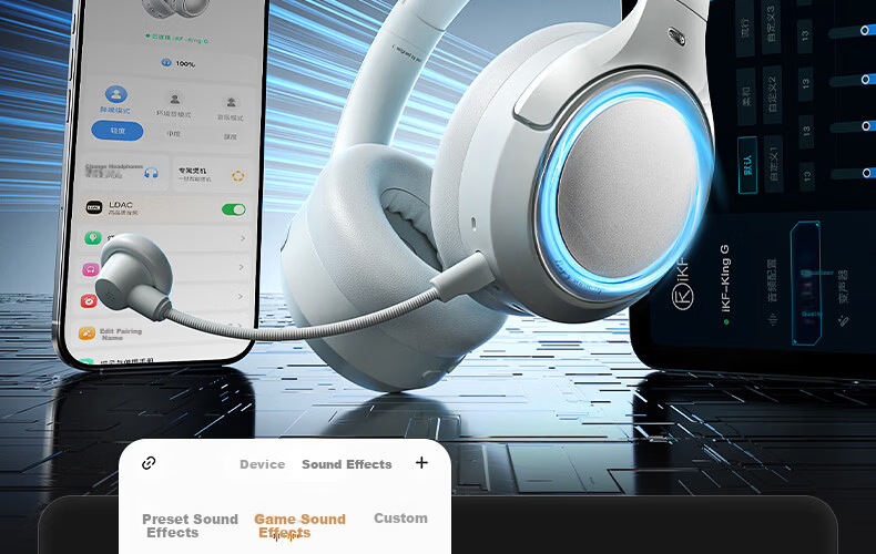 IKF King G Five-Mode Wireless Noise-Cancelling Gaming Headset Over-Ear 2.4G Wired Bluetooth 7.1 Surround Sound LDAC High-Resolution E-Sports Noise-Cancelling Microphone Sky Blue 27
