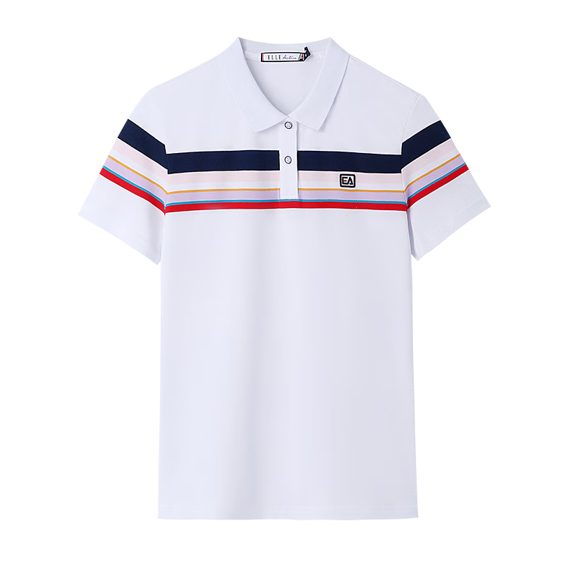 ELLE ACTIVE Fashion Color-Block Striped Polo Shirt Women Short Sleeve Casual Sports T-Shirt Summer Vibrant Collared Top White L
