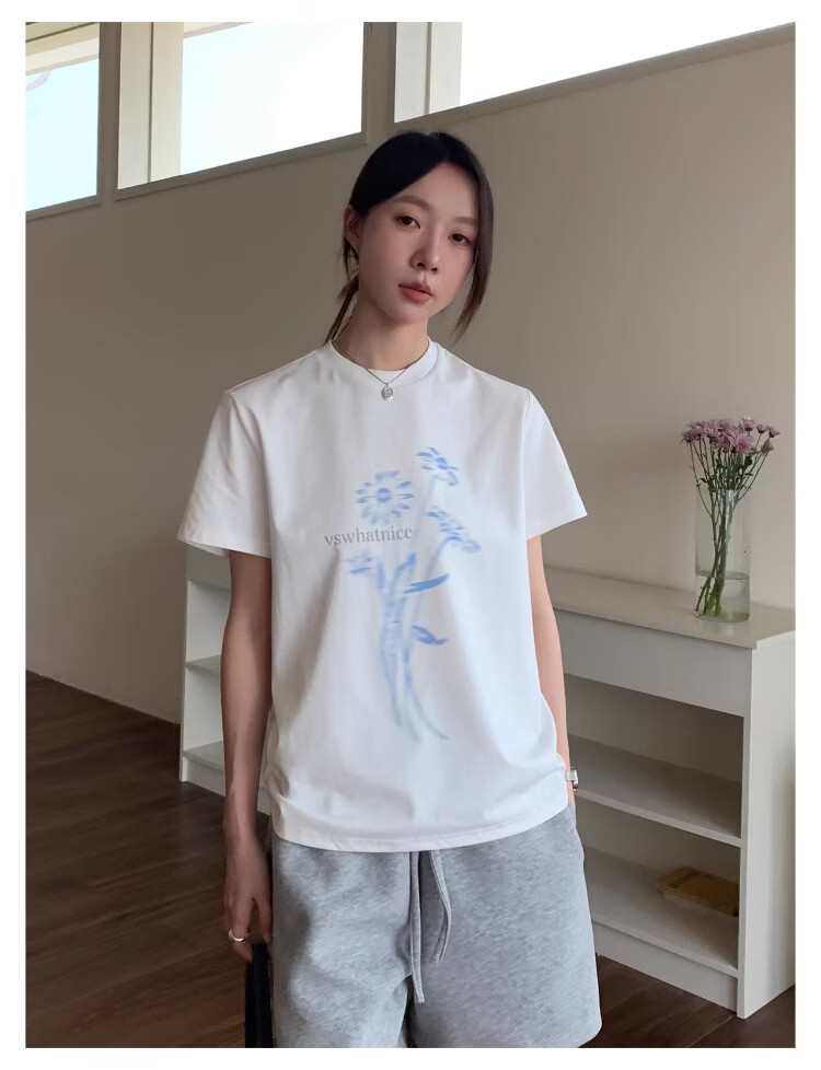 ICH MODE Floral Print Short Sleeve T-Shirt Women Spring Autumn New Korean Style Beautiful Shoulder Tee Navy Blue S 15