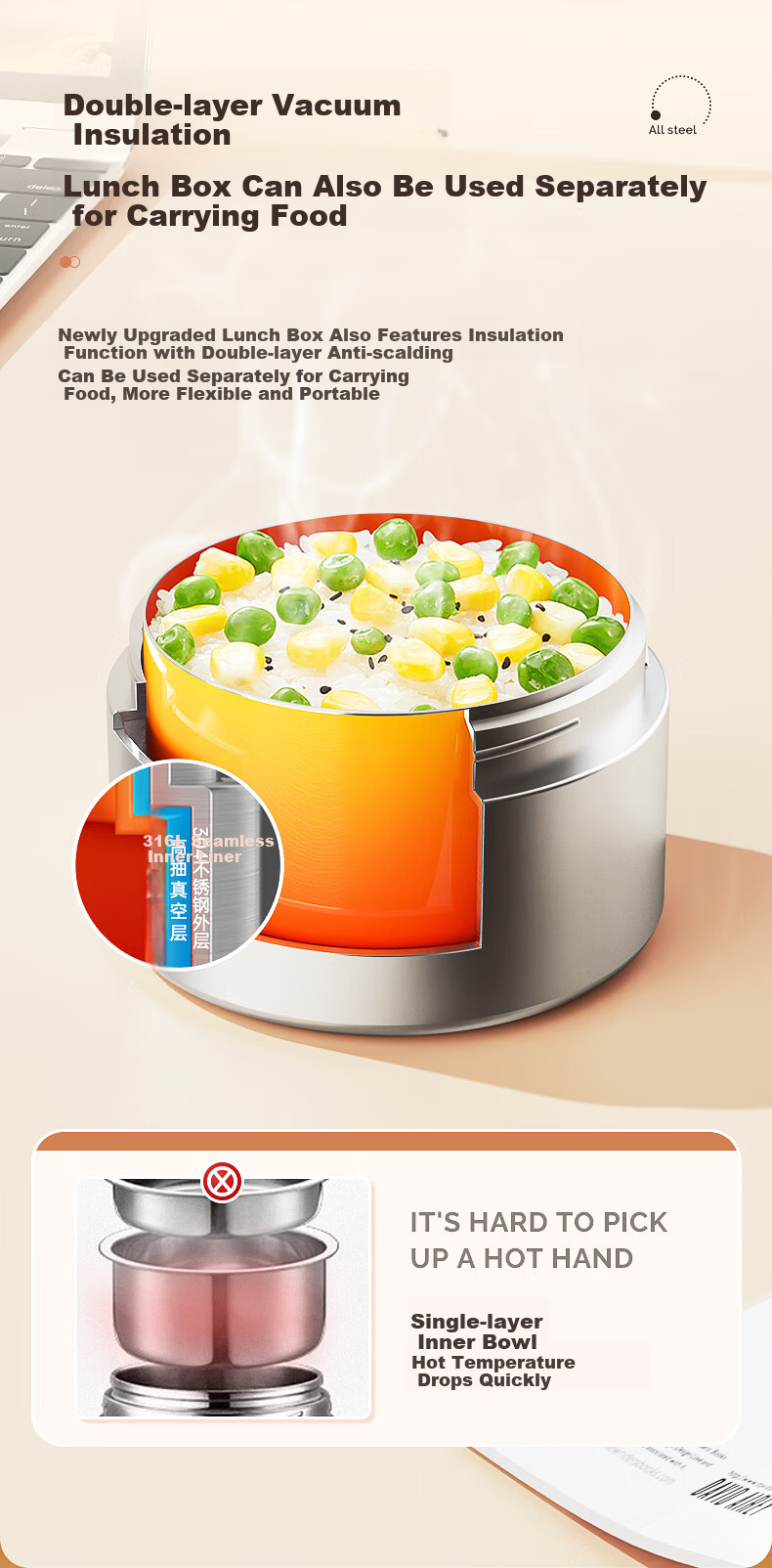 Bonda Stainless Steel 316 Insulated Lunch Box Multi-layer Large Capacity Portable Thermal Food Container for Office Workers and Students 24-Hour Heat Preservation with Handle 6
