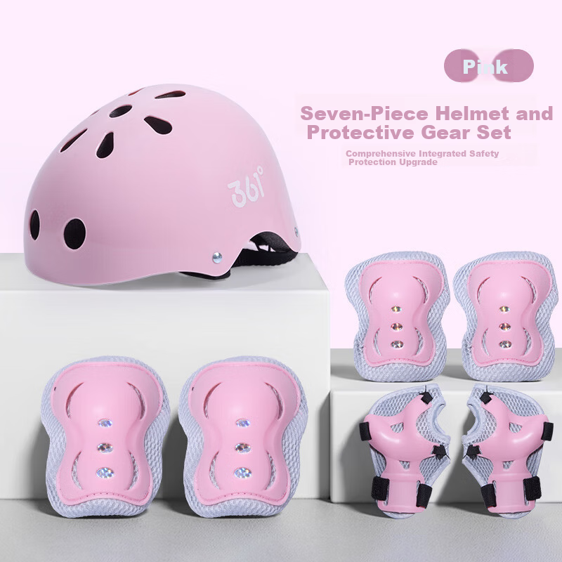 361° Kids Roller Skating Helmet and Protective Gear Set, 7-Piece Pink Bicycle Mountain Bike Inline Skate Skateboard Safety Gear