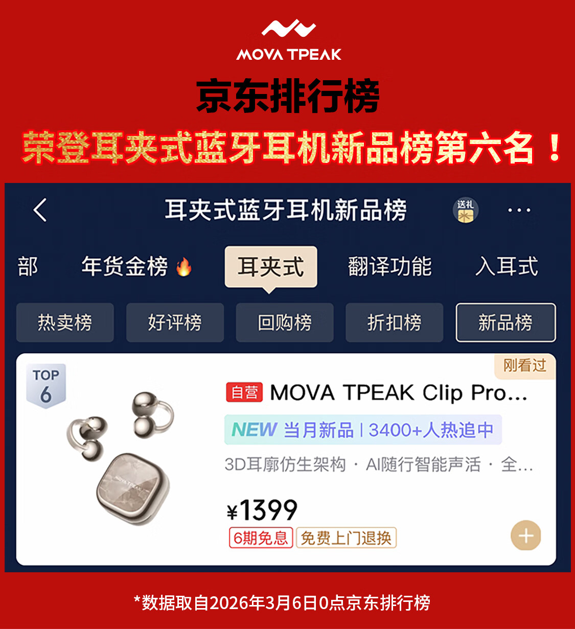 MOVA TPEAK Clip Pro Clip-On Earphones Wireless Bluetooth Cloud Sensor C Bridge AI Assistant Real-Time Translation Star Gold Luxury High-End Gift for Men and Women 1