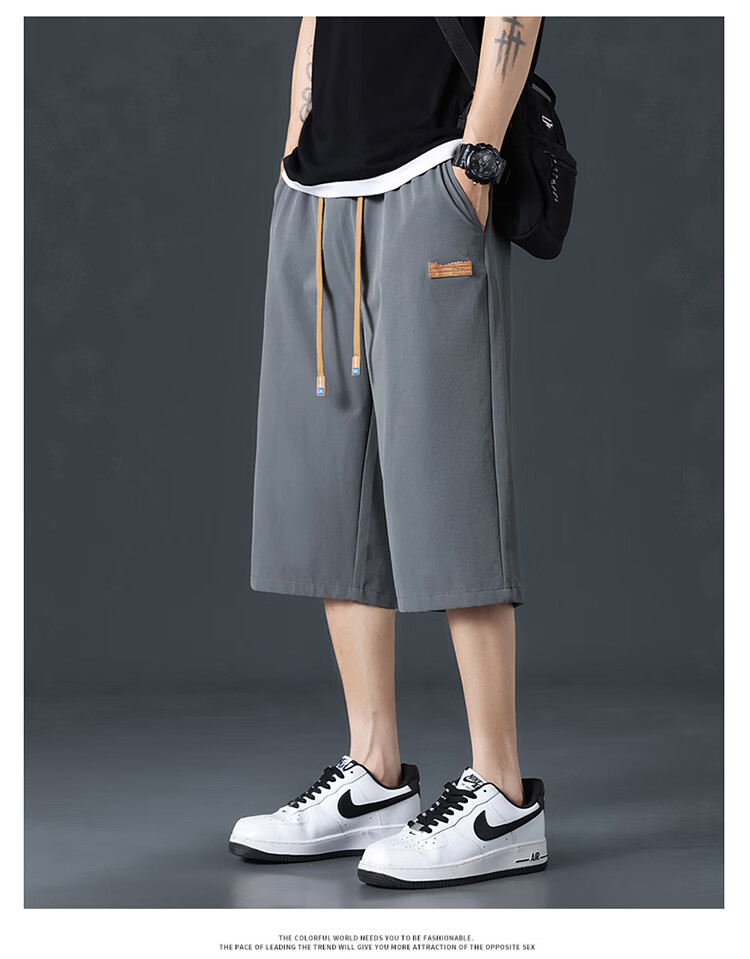 Cotton Casual Men's Loose Sports Trendy Seven-Point Cool Ice Silk Shorts Black XL 14
