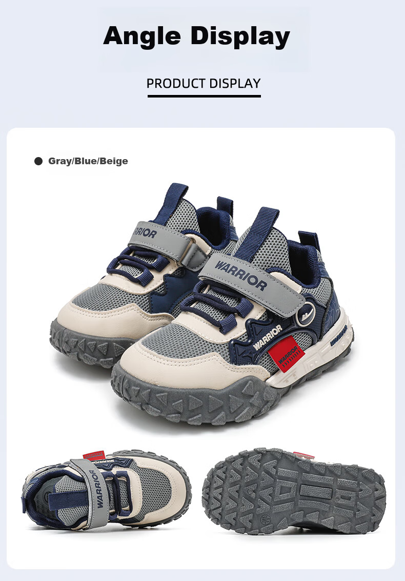 Warrior Boys' Spring and Autumn Sports Shoes Mesh Breathable Running Shoes WZ-1507 Gray/Blue/Beige Size 37 5