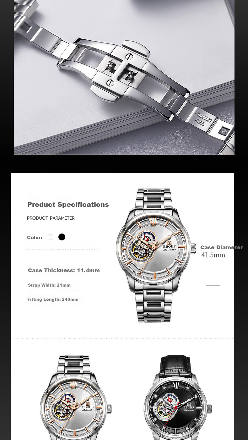 EBOHR Men's Skeleton Automatic Mechanical Watch Stainless Steel Band Authentic National Brand 24-Hour Dial New Year Gift 12