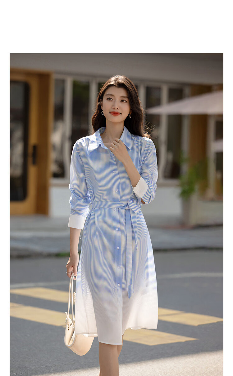 Demana Long-termism Spring Smart Commuter Gradient Stripe Print Petite Loose Women's Dress with Lapel Collar 11