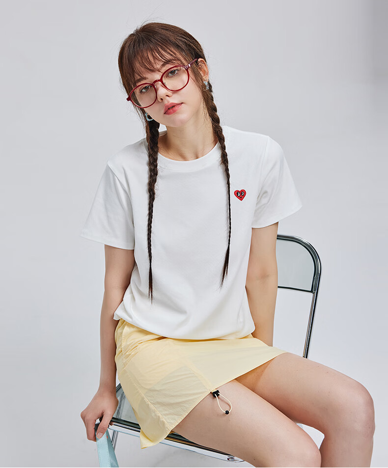 Charles Peach Heart Summer Simple Small Heart Logo Women's Slim Fit Short Sleeve T-Shirt Casual Versatile White F 5