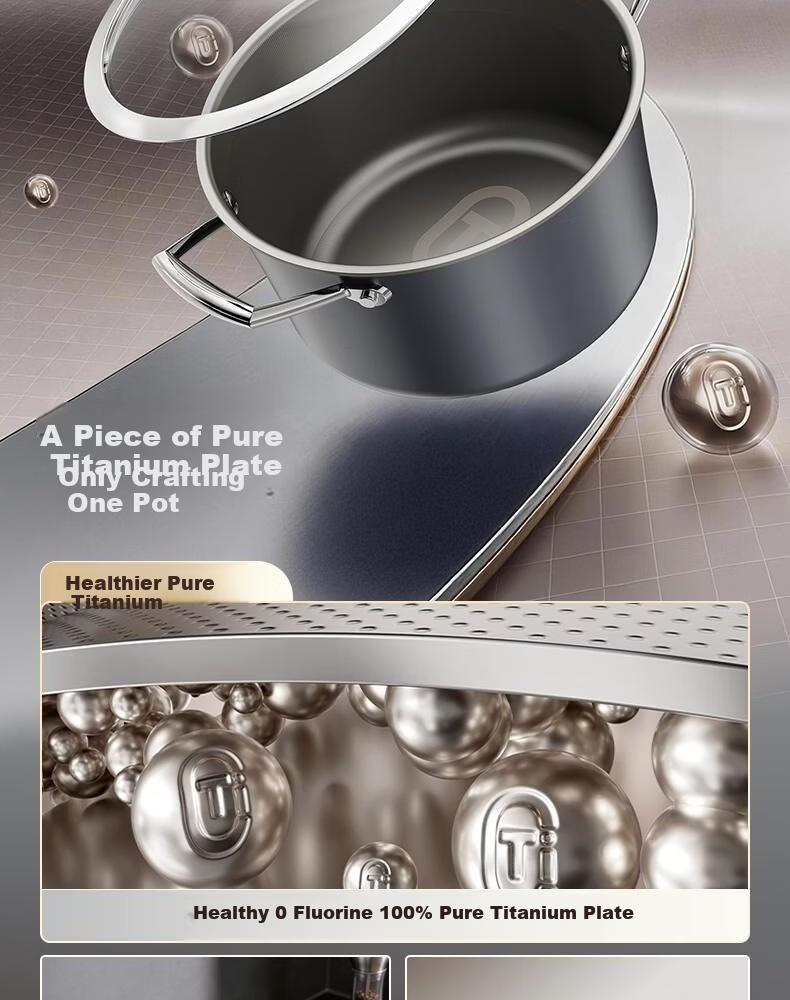Alluflon Aluflon Pure Titanium Soup Pot Healthy 0-Fluoride Non-Coated Stew Pot Steaming Cooking Induction Gas Stove Compatible 22cm 2