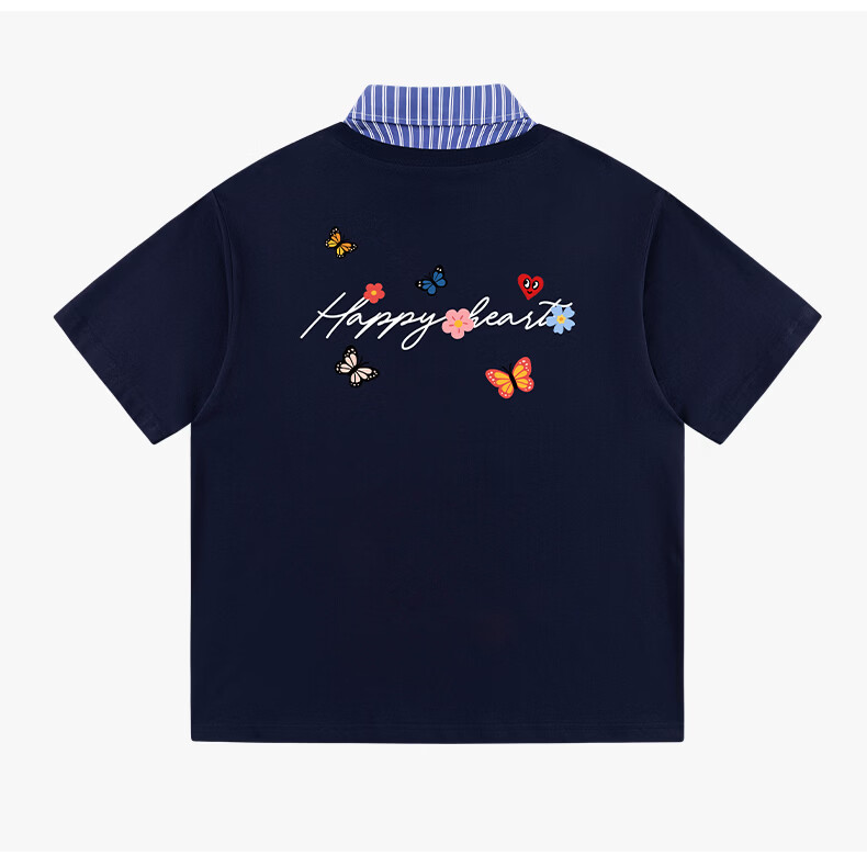 Charles Heart-Shaped False Two-Piece Cotton Couple Short Sleeve Polo Shirt with Butterfly Print Navy Blue S 18