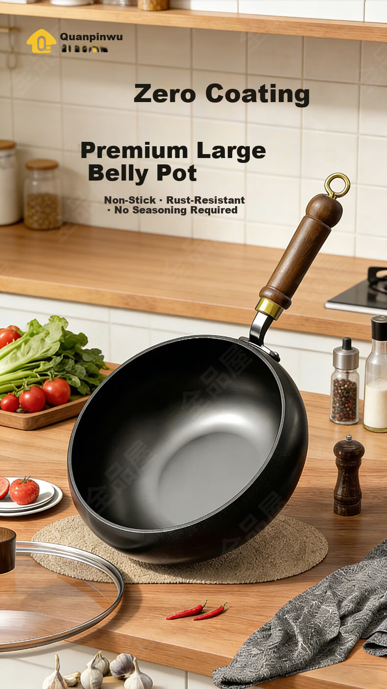 Quanpinwu 26cm Large Belly Iron Stir-Fry Pan Flat Bottom No Coating Non-Stick Rust-Free for Home Small Gas Stove Induction Cooker Seasoned 1