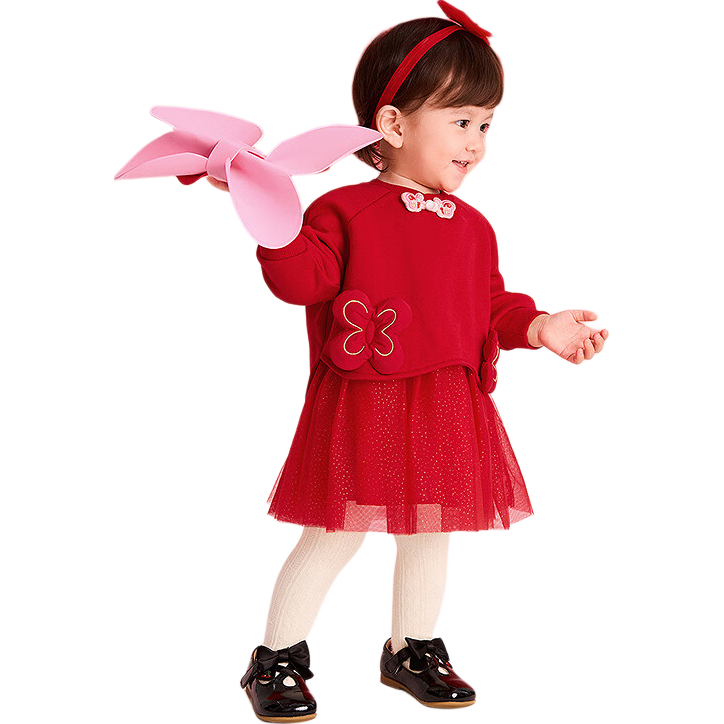 BALABALA ăbalaOneă Girls' New Chinese Style Mesh Splice Red New Year Festival Dress
