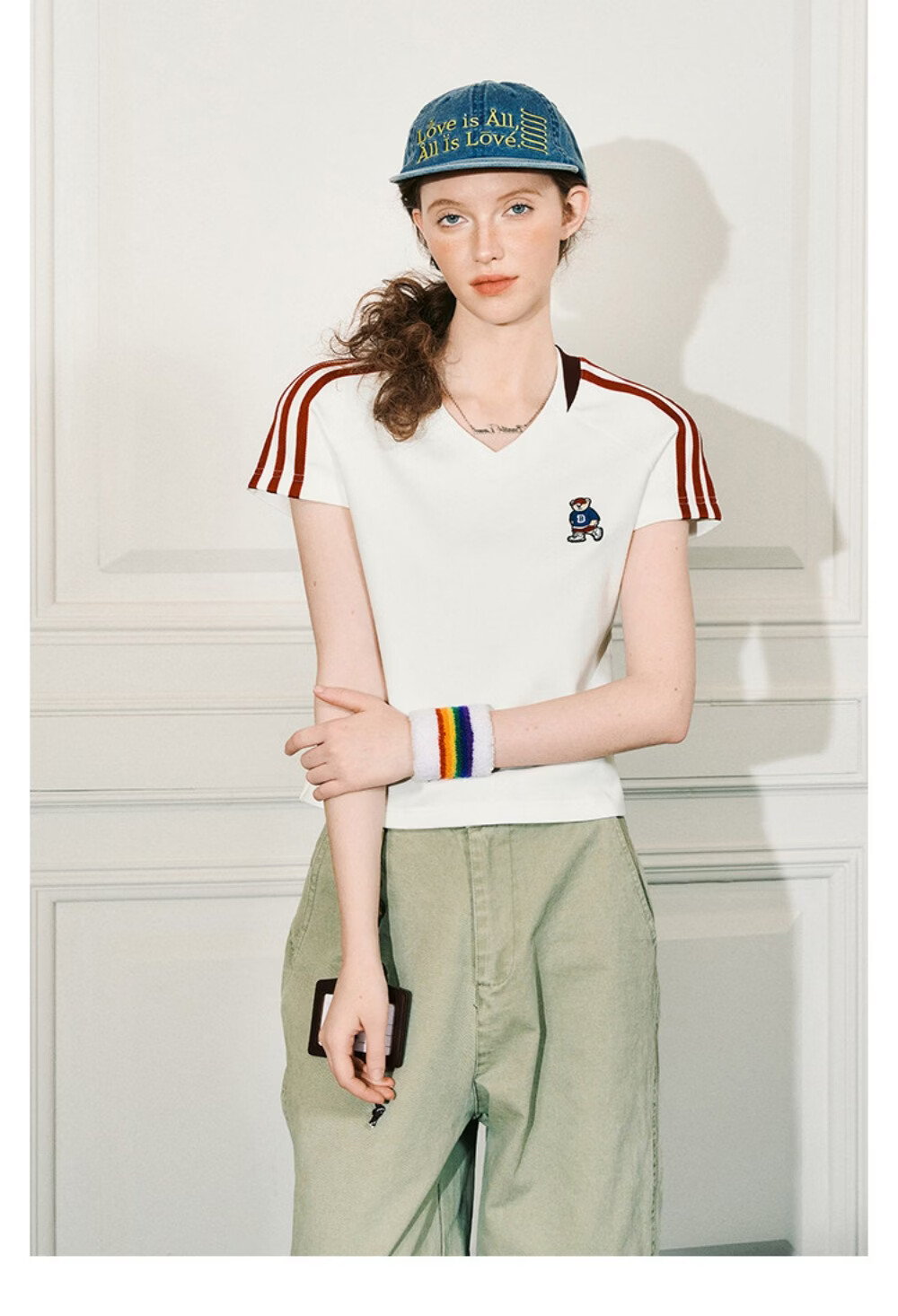 ICH MODE Raglan Stripe V-Neck Short Sleeve T-Shirt Women Summer Bear Series Sorona Cooling Top Black M 22