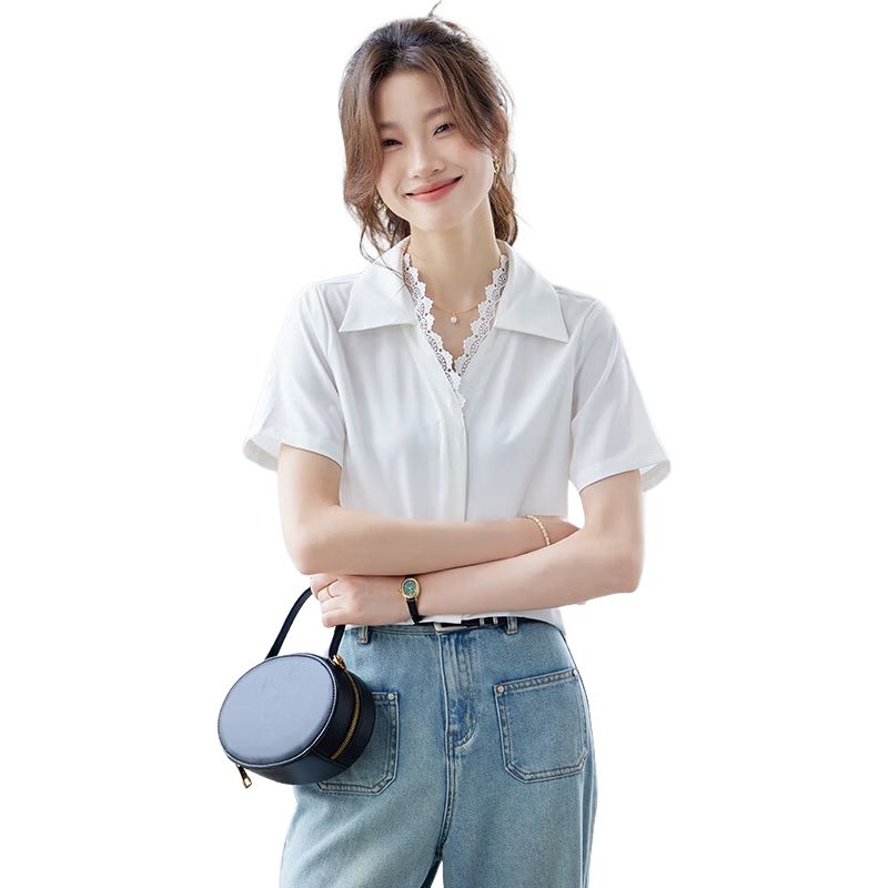 JEANSWEST Women's Summer Short Sleeve Solid Color V-Neck Lace Splice Shoulder Fashion Formal Shirt White L