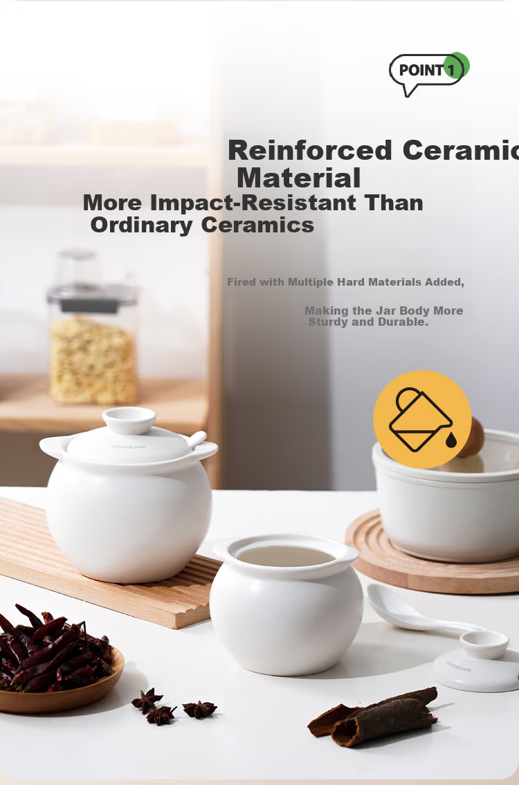LOCK&LOCK High-Temperature Resistant Ceramic Lard Jar with Lid 700ML Chili Oil Container Spice Jar Oil and Salt Seasoning Jar 2