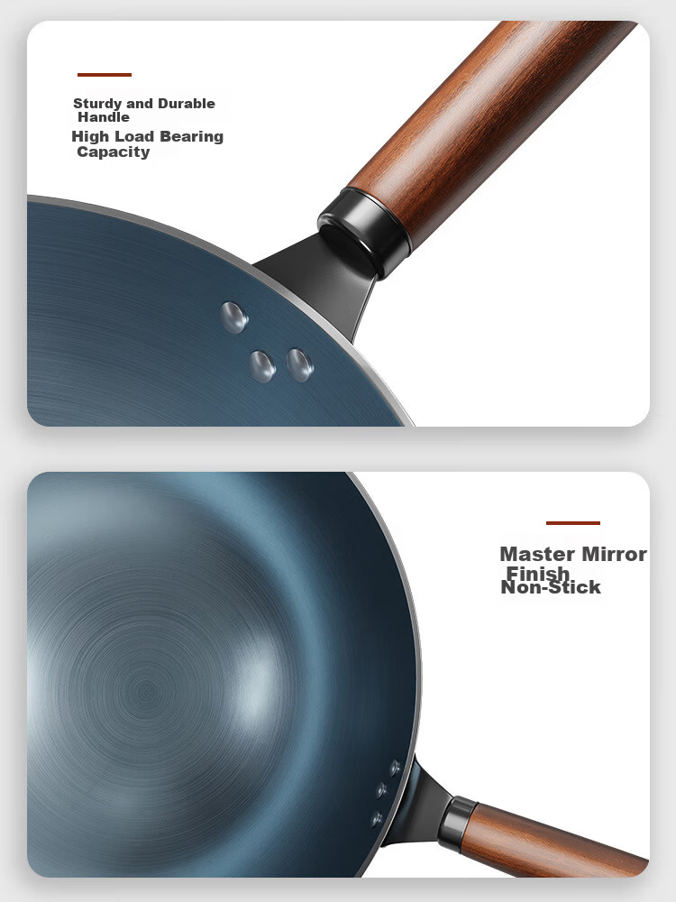 Deming 34CM Carbon Steel Wok Non-Coated Gas Stove Round Bottom Stir-Fry Pan for Home Cooking 10