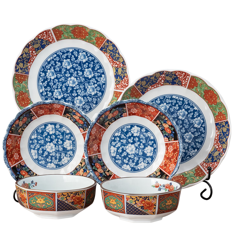 Mino Ware Japanese Imported Court Style Ceramic Dinnerware Set Wild Green Court Style 2 Bowls 4 Plates 6-Piece Set