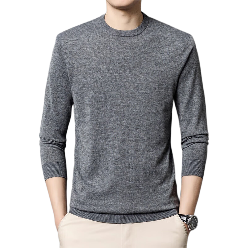 Hengyuanxiang [Wool Blend] Spring and Autumn Thin Men's Crew Neck Sweater Middle-aged Knitwear Solid Color Dark Green 3XL