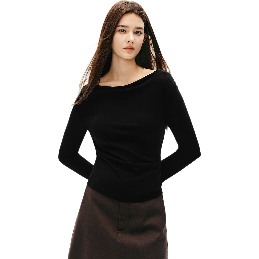 Semir Women's Long Sleeve T-shirt Short Thin Solid Color Design Sense 2025 Autumn Slim Dangling Neck Pullover 107625101001