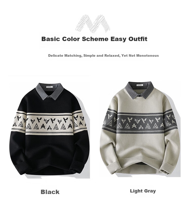 MARK FAIRWHALE Men's Autumn Winter Shirt Collar Knitwear Warm Fake Two-Piece Sweater Light Gray M 3