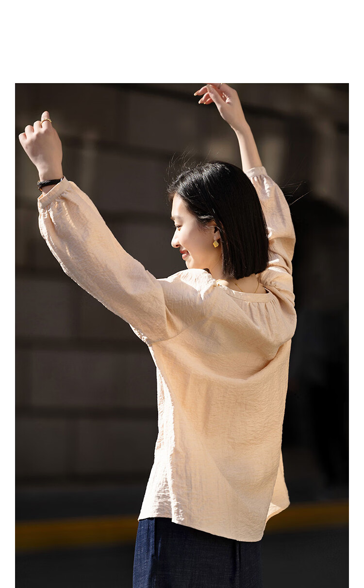 Demana [With Linen] Spring Sweet Style Ribbon Butterfly Shell Puff Sleeve Loose Fit Petite Women's Shirt 11