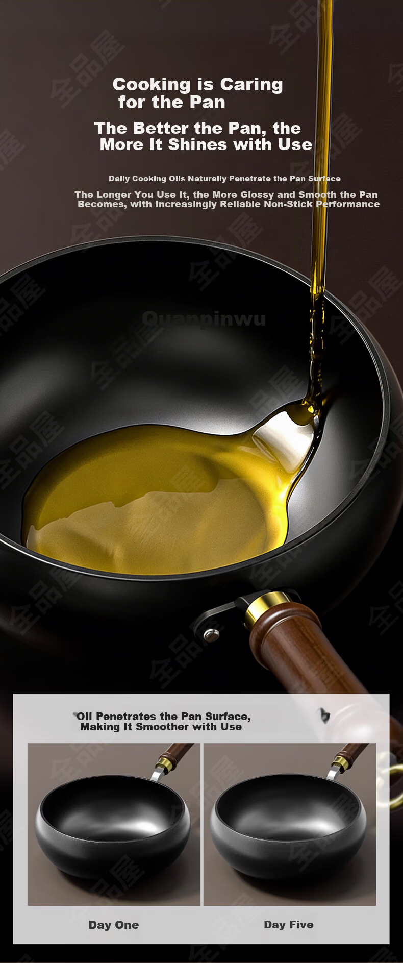 Quanpinwu 26cm Large Belly Iron Stir-Fry Pan Flat Bottom No Coating Non-Stick Rust-Free for Home Small Gas Stove Induction Cooker Seasoned 5