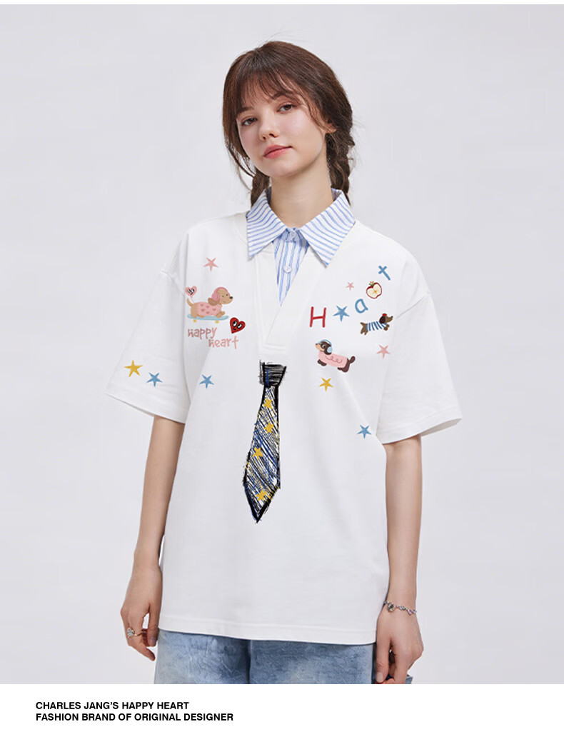 Charles Peach Heart Fake Two-Piece Cartoon Graffiti Tie Print Unisex Cotton Couple Short Sleeve Polo Shirt Off-White XS 12