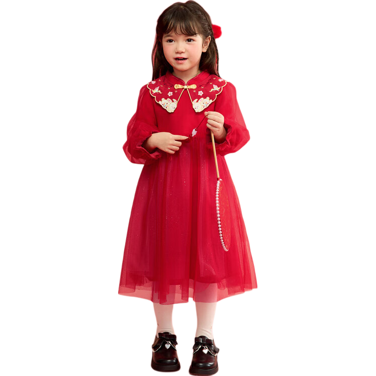 BALABALA Girls' New Chinese-Style Knitted Dress, Spring 2025 Collection, Red Mesh Princess Greeting Dress, 208125111006