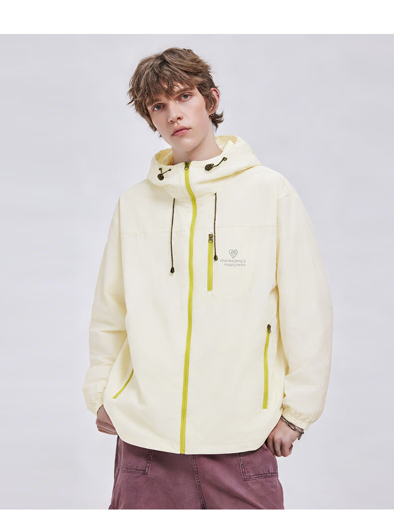 Charles Peach Heart Summer Outdoor Hooded Couple Sun Protection Jacket UPF50+ Lightweight Breathable Casual Unisex Ivory White XS 11