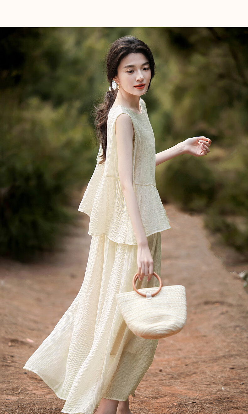 Demana [with Natural Wind Linen] Summer Design Patchwork False Two-Piece Sleeveless Off-Shoulder Waterdrop Button Cake Dress 14