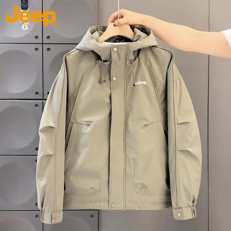 JEEP Men's Spring Autumn Loose Hooded Workwear Jacket Trendy Outdoor Coat Khaki L