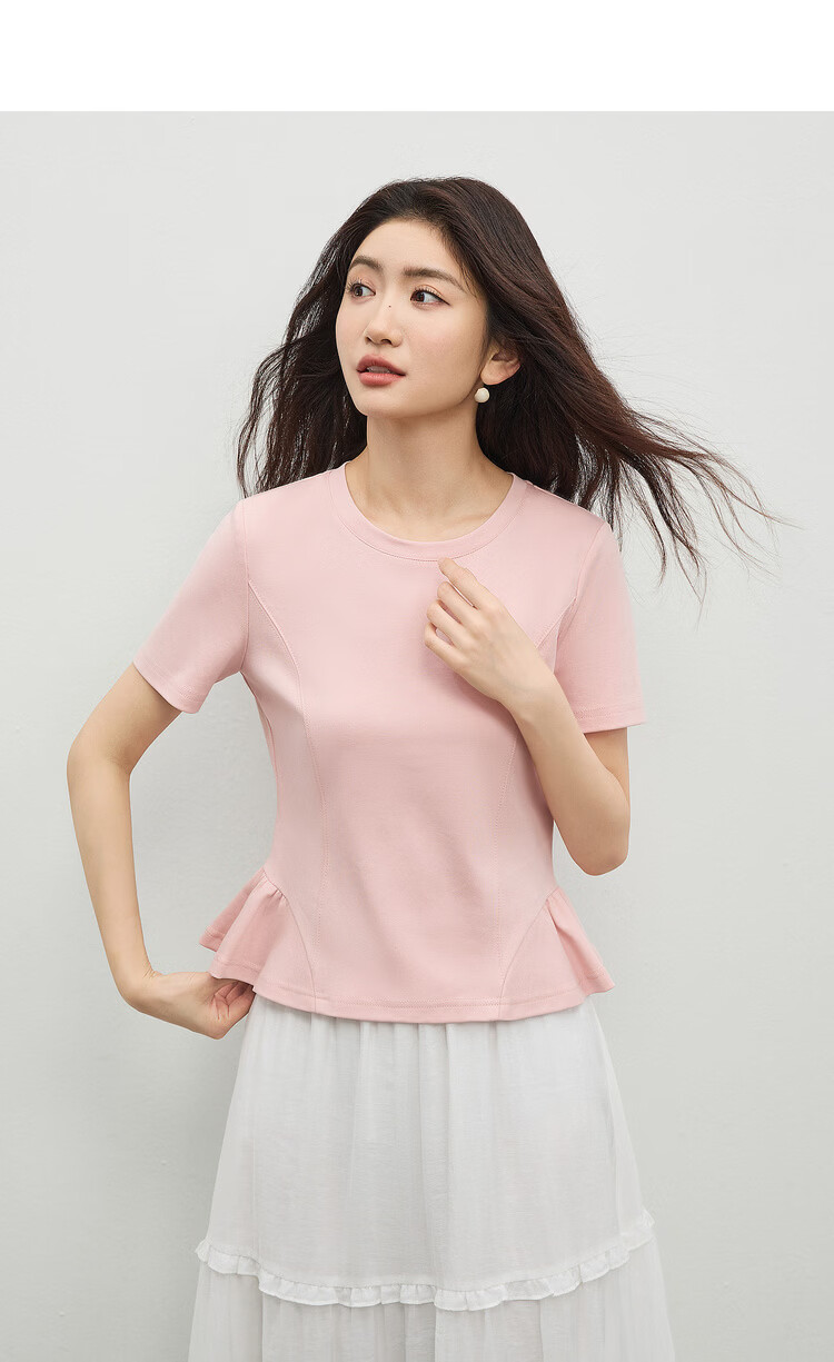 Shangdu Bila Gentle Pure Cotton Short Sleeve T-Shirt Women Spring Summer Simple Round Neck Split Design Slim Fit Top Youthful Temperament Layering 5