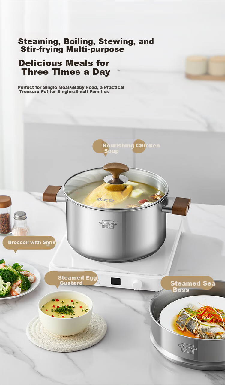 COOKER KING 316L Stainless Steel Soup Pot Baby Food Supplement Pot Stew Pot Steamer Double Handle Porridge and Noodle Cooking Pot 22cm 8