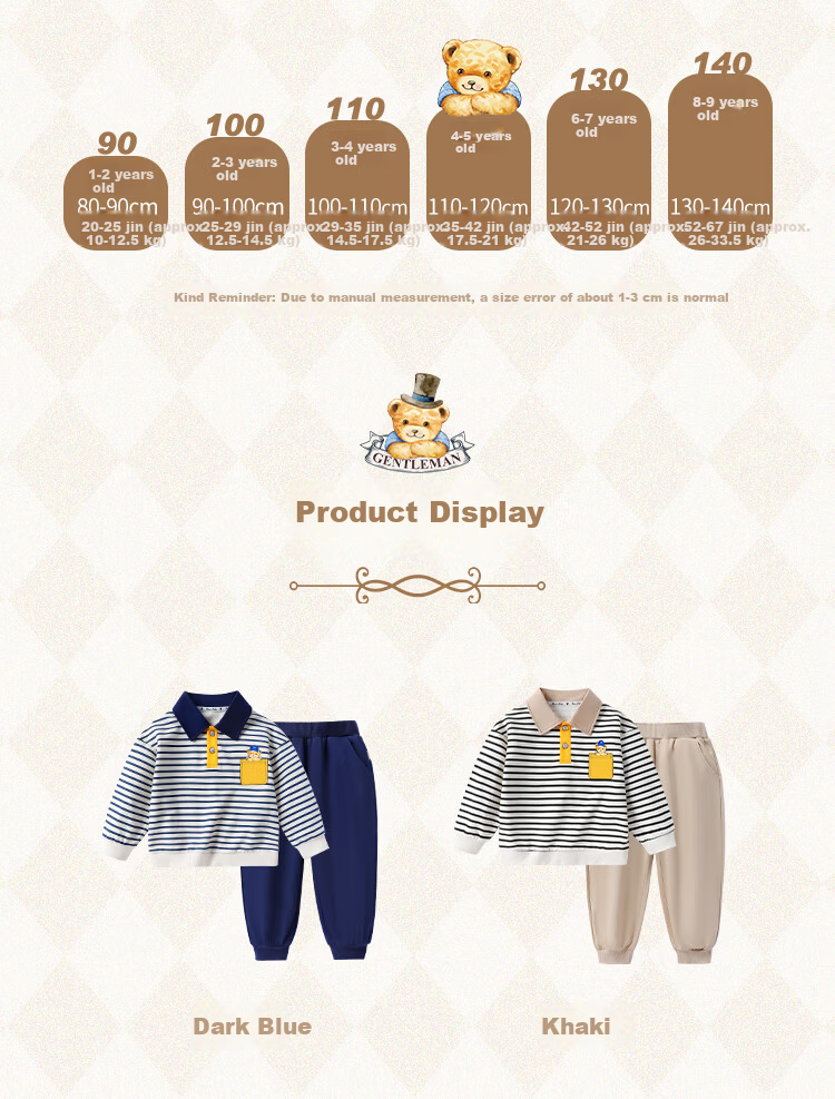 Classic Teddy Boys' Polo Shirt and Sweatpants Set, Dark Blue, Size 120, Spring Collection 10