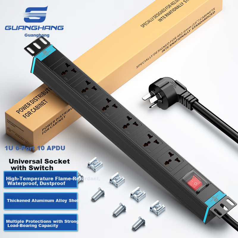 Guanghang PDU Cabinet Socket 6-Port 10A Universal Outlet with Switch 1.5mm² 2m Cable 2500W Industrial Power Strip Customizable GH-PDU-610