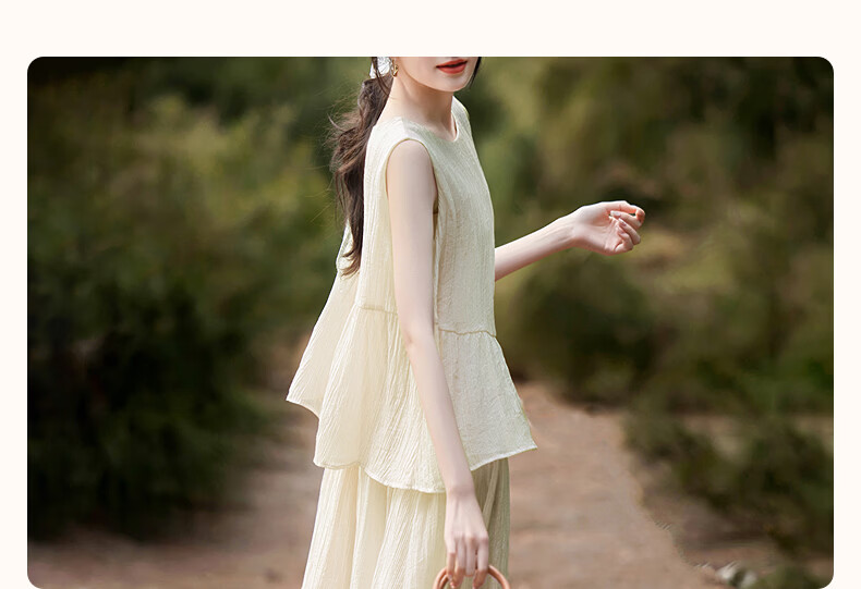 Demana [with Natural Wind Linen] Summer Design Patchwork False Two-Piece Sleeveless Off-Shoulder Waterdrop Button Cake Dress 4