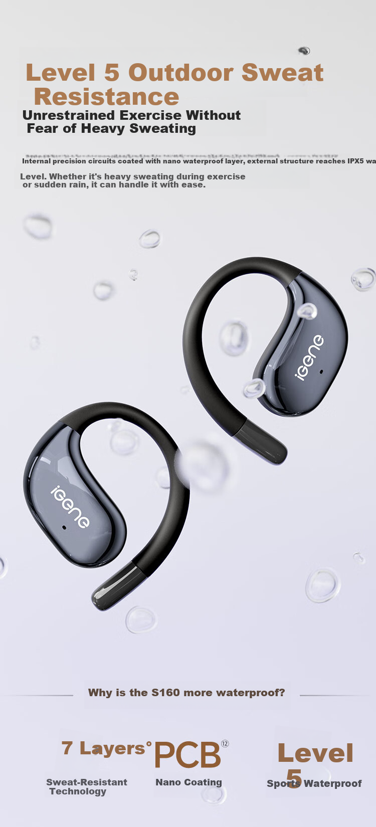 IGene 14mm Gold Label Panorama Sound 6.0 Bluetooth Earhook Bone Conduction Wireless Open-Ear Music Sports Running Headphones Compatible with Huawei Xiaomi S160 14