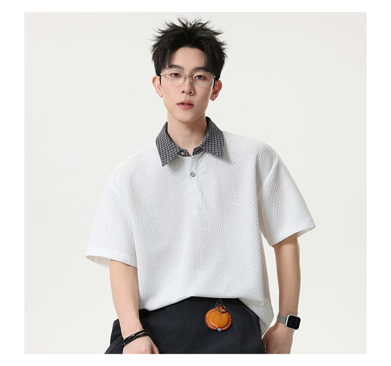 MMOPTOP Vintage Two-in-One Short Sleeve Plaid Jacquard Polo Shirt Men Summer Loose Fit Collared T-Shirt MP21 Black 3XL 11