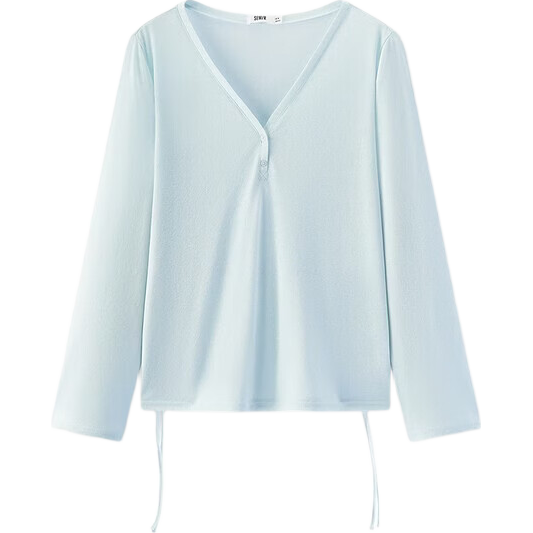 Semir Women's Long Sleeve Summer V-Neck Solid Color Linen-Like Loose Drawstring Blouse 2026 Gentle Top 109326101006