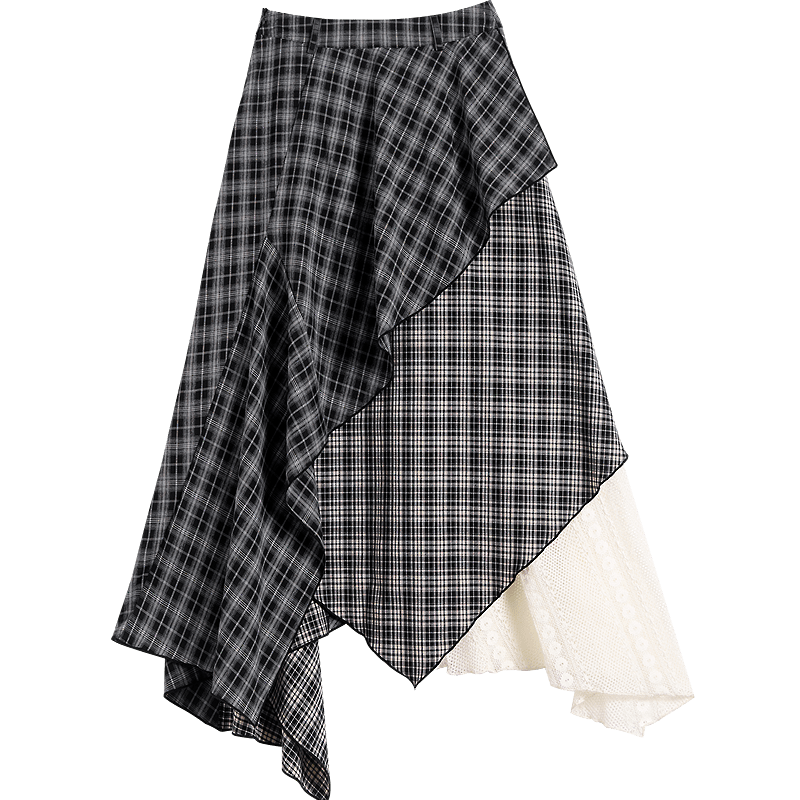 Demana Vintage Date Autumn Design Patchwork Plaid Striped A-Line Slimming Concealment High-End Women's Skirt