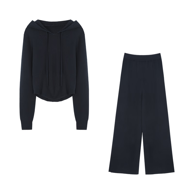 MT [Tranquil Charming Dark Navy] Winter Simple Knit Sweater with Elastic Waist Wide-Leg Pants Set