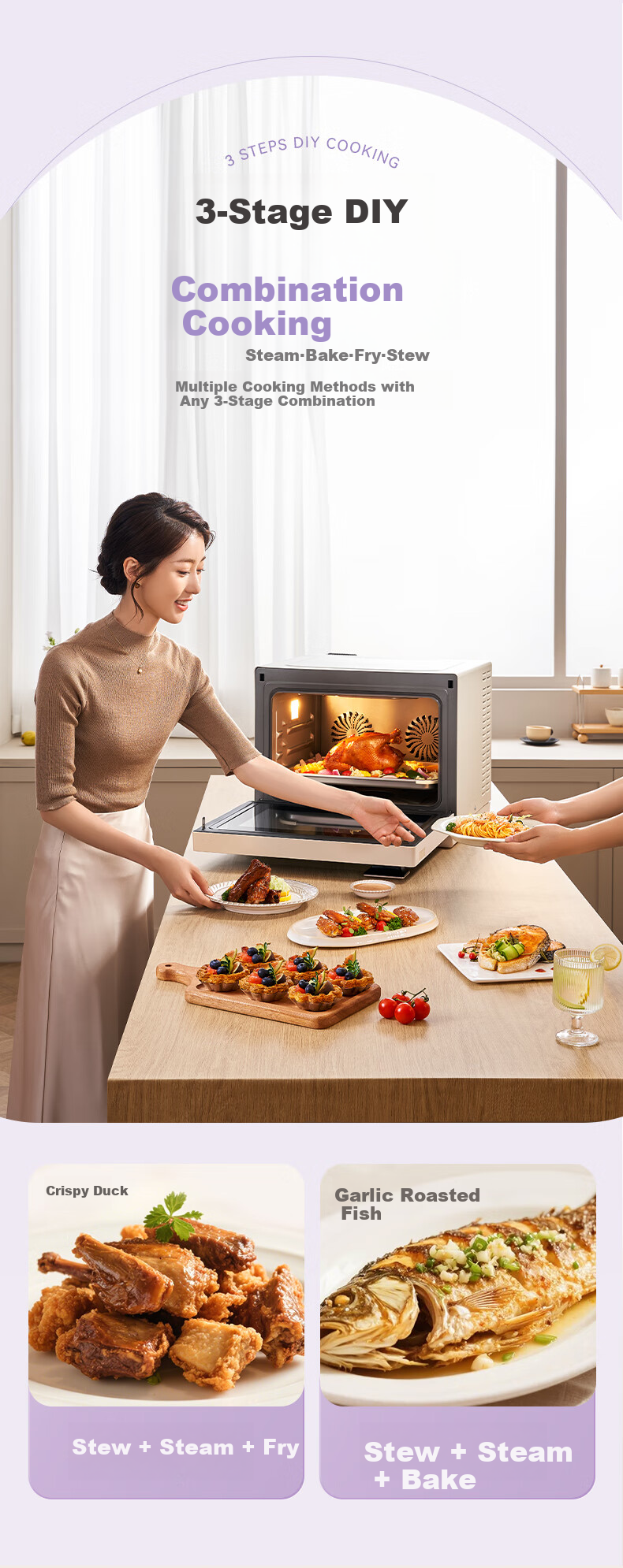 CASDON Yang Mi Recommended 32L Countertop Microwave Oven with Steam, Bake, Roast, and Air Fry Functions Dual Convection Purple Flame T8 8