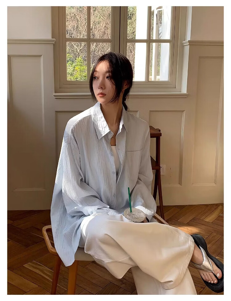 ICH MODE Textured Lazy Style Physical Sun Protection Long Sleeve Shirt Island Vacation White S 11